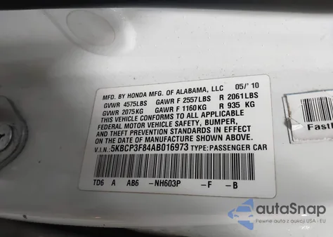 2010 Honda Accord 3.5 Ex-L z USA, uszkodzony, nr VIN 5KBCP3F84AB016973
